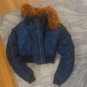 Forever 21 Navy Bomber Jacket with Faux Fur Collar
